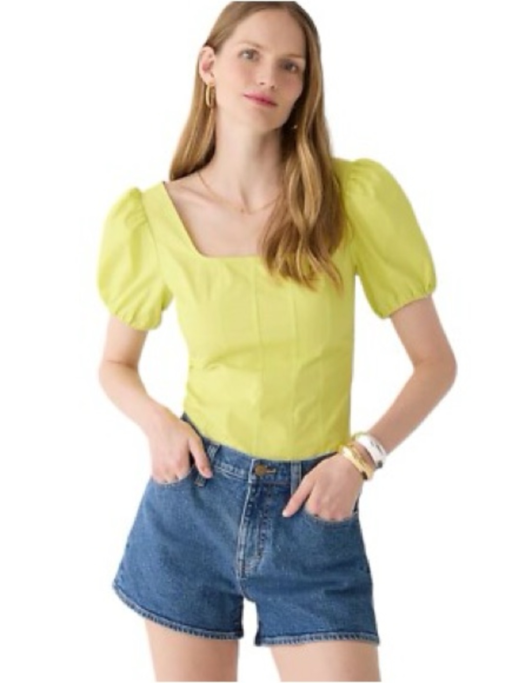 J. Crew Square Neck Puff Sleeve Top in Chartreuse